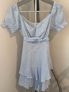 Simple Light Blue Puff-Sleeve Tiered Mini Dress